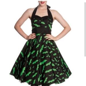 HELL BUNNY BLACK & GREEN BAT HALLOWEEN HALTER ROCKABILLY 50'S DRESS